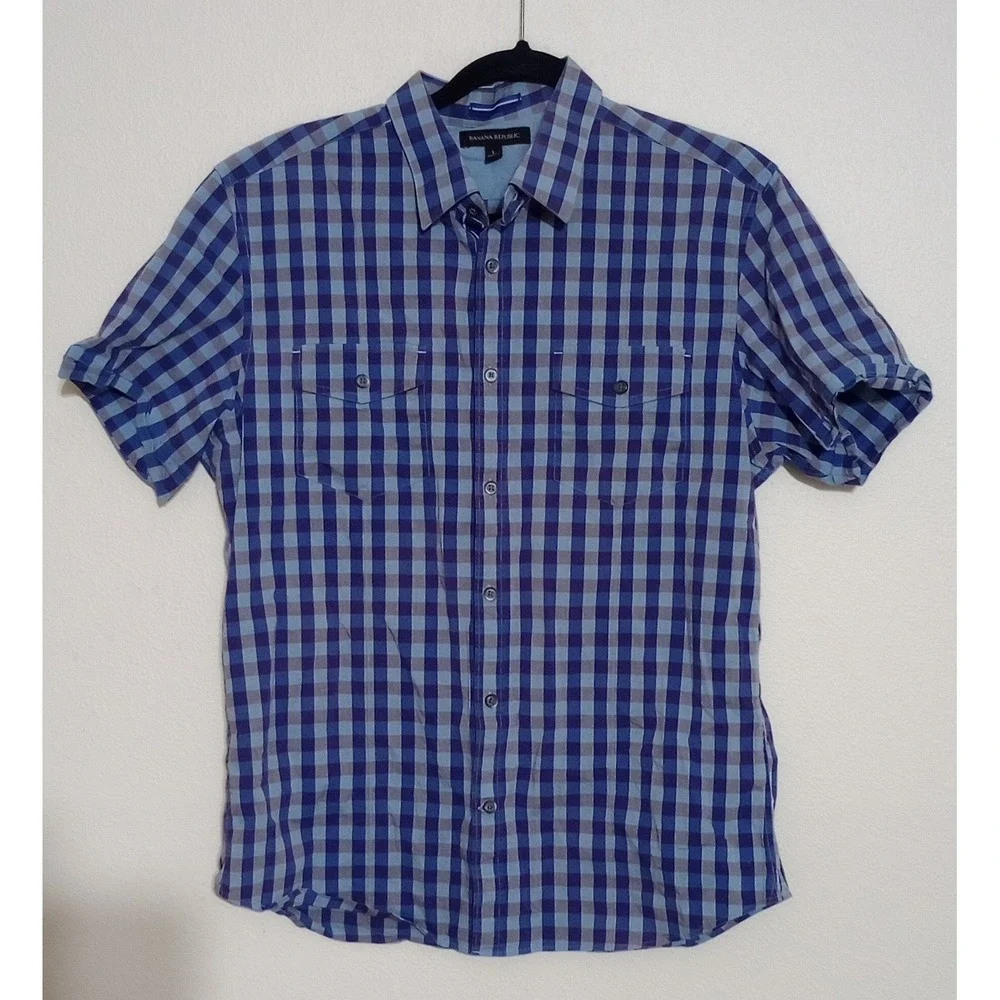 Banana Republic Mens Large Blue Purple Gingham Short Sleeve Button Down Shirt